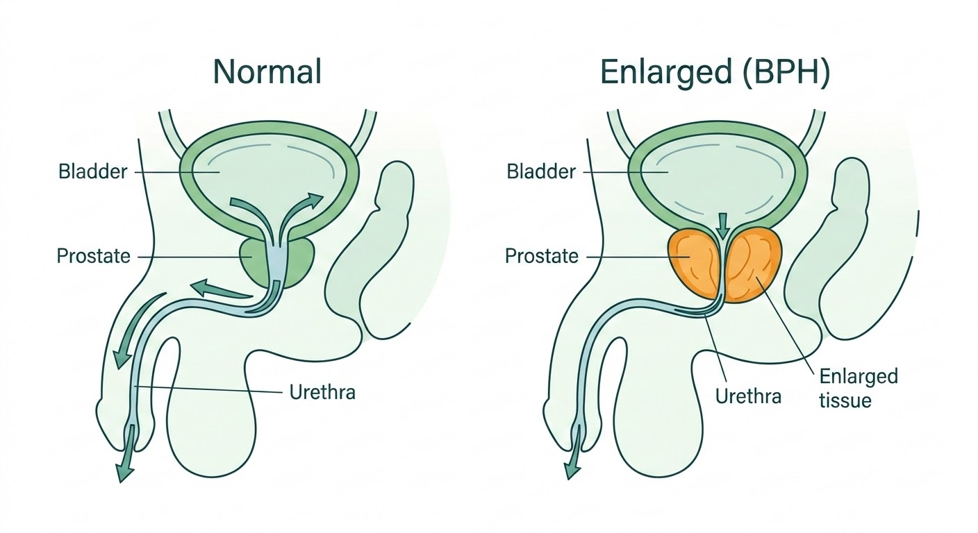Diagram comparing normal prostate anatomy with an enlarged prostate (BPH), showing how the enlarged tissue compresses the urethra and restricts urine flow.